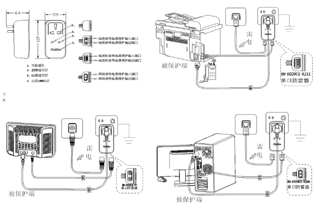 家庭装电源防雷插座 HD-D220CZ 接线图